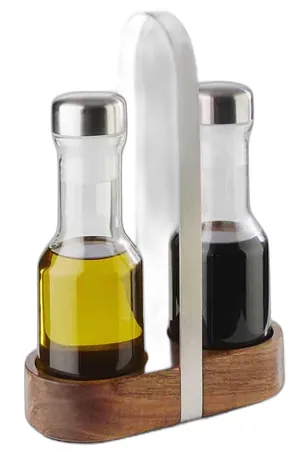 Oil and Vinegar Menage With Wooden Base - 16 x 7.5cm