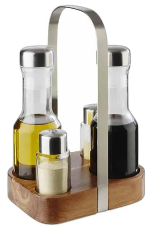 Salt, Pepper, Oil and Vinegar Menage With Wooden Base - 15.5 x 12cm